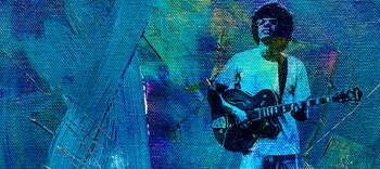 Kunst und Musik Ein Bild eines Gitarre spielenden Mannes in exzentrischen Blautönen.